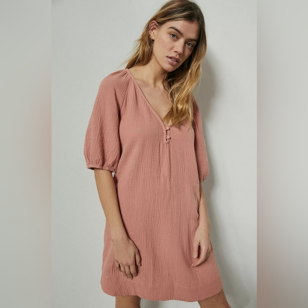 Anthropologie Taylor Puff-Sleeved Tunic Dress Gauze Rose Pink Cotton Size XS
